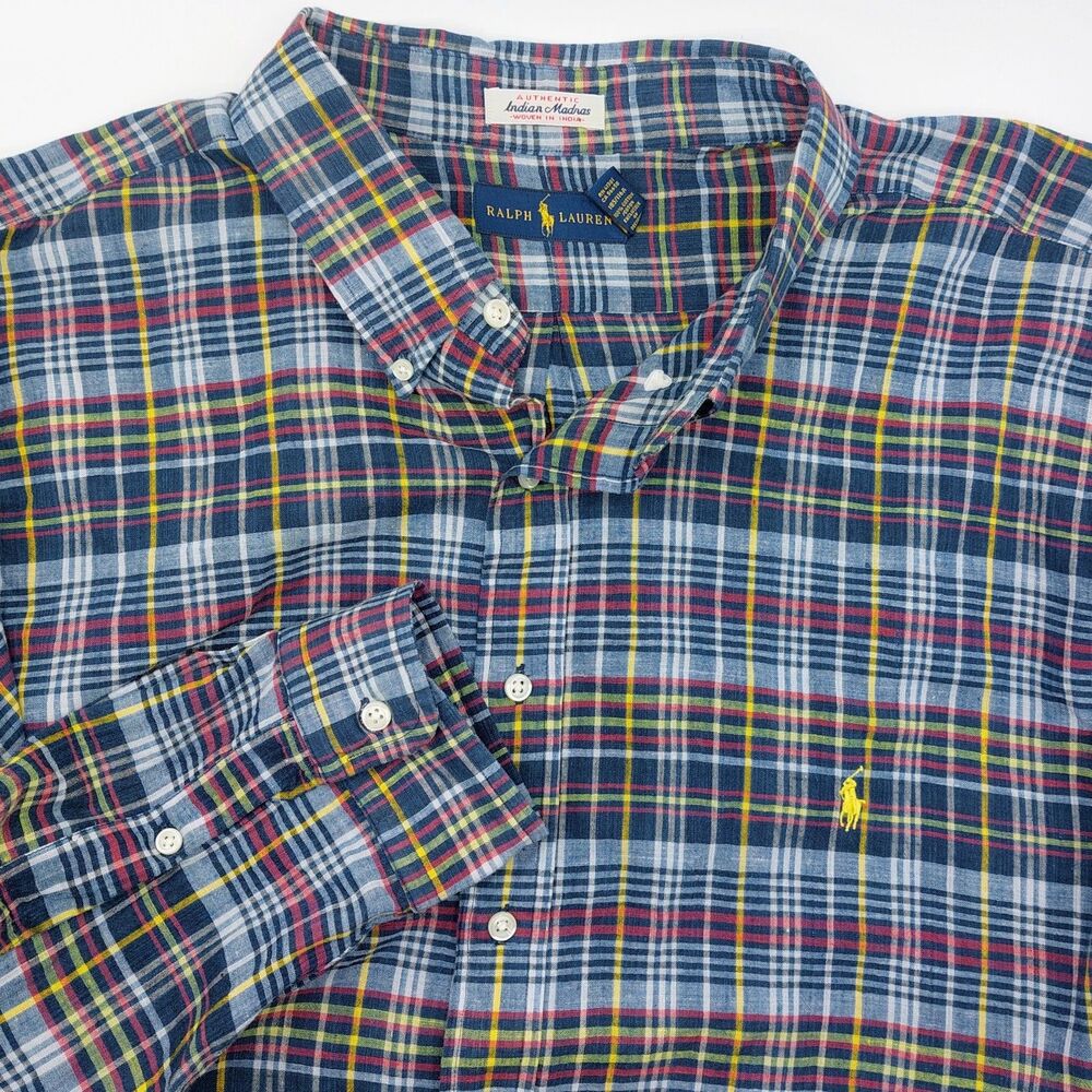 Ralph Lauren Authentic Indian Madras Cotton Shirt Men's Size 3XB Plaid Blue L/S